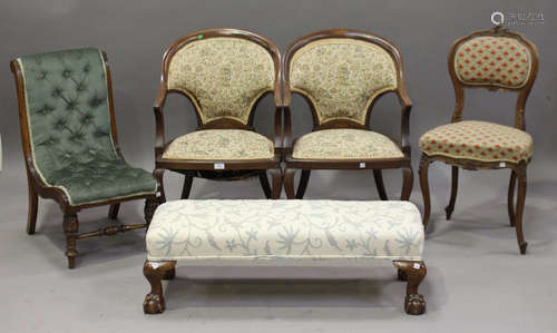 A pair of Edwardian mahogany showframe tub back salon chairs, height 78cm, width 52cm, together with