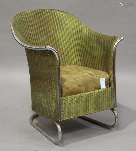 An Art Deco Lloyd Loom gilt painted armchair with a chromium plated metal frame, height 78cm,