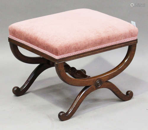 A Regency mahogany 'X' framed stool, upholstered in pink velour, height 42cm, width 55cm, depth 46cm