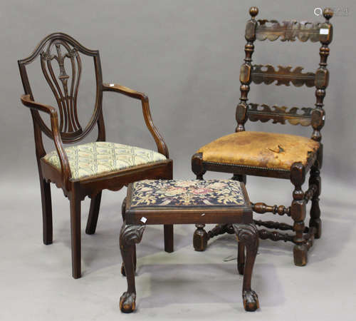 An 18th century walnut side chair with brown leather seat, height 105cm, width 50cm, together with a