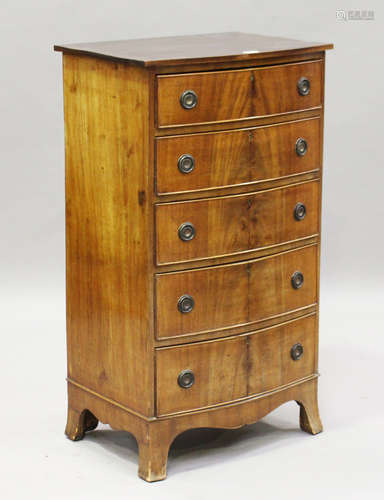 An early 20th century figured mahogany bowfront chest of five drawers, on bracket feet, height