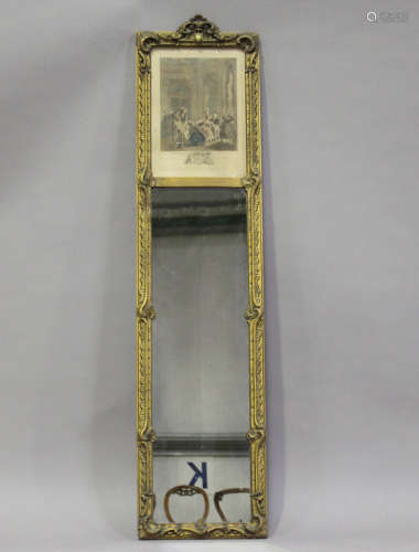 An early 20th century gilt composition trumeau wall mirror, inset with a French coloured