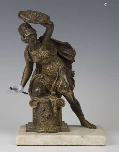 A late 19th century Continental gilt cast bronze figure of a Classical female warrior, holding a