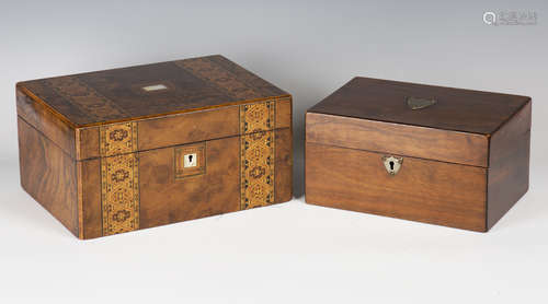 A late Victorian burr walnut work box with geometric inlaid bands, enclosing a small selection of