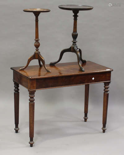 A Victorian mahogany side table, height 70cm, width 95cm, depth 50cm, together with two early 20th