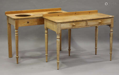 A Victorian pine side table, fitted with two drawers, height 81cm, width 106cm, depth 51cm, together