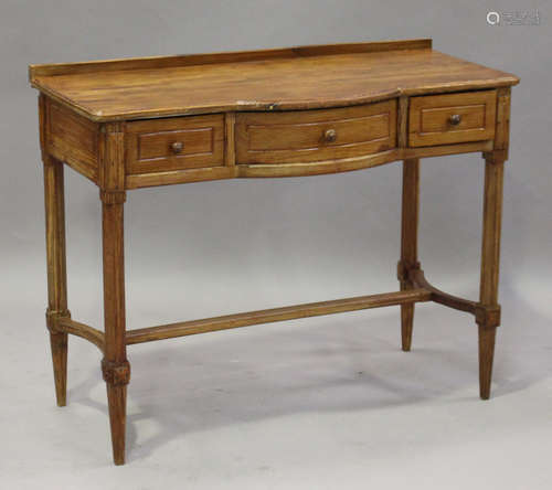 A late 19th century pine side table, fitted with three drawers, on chamfered legs, height 82cm,