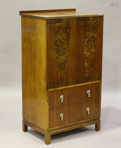 An Art Deco walnut tallboy, the two doors with angular burr walnut veneers, height 126cm, width