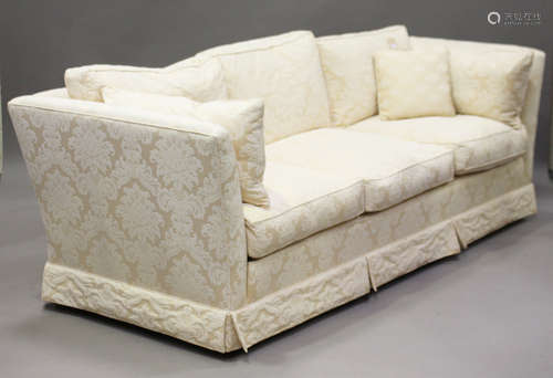 An Ashley Lawrence three-seat sofa, upholstered in cream damask, height 75cm, width 220cm, depth