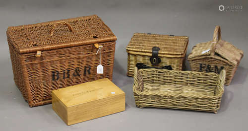 A group of wicker hampers, one stencilled with Berry Brothers and Rudd initials, width 51cm, another