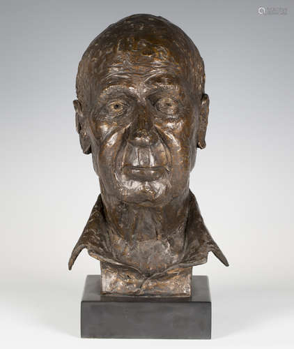 Ann Scott - a late 20th century brown patinated cast bronze bust portrait of Peter Sebley, inscribed