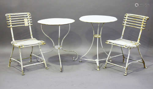 A pair of 20th century French white painted wrought iron garden chairs, height 79cm, width 41cm,