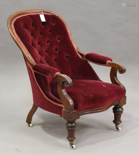 A Victorian mahogany showframe salon armchair, upholstered in claret velour, height 90cm, width