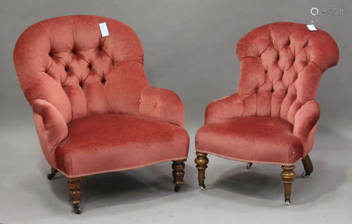 A late Victorian walnut tub back lady's salon armchair, upholstered in buttoned pink velour, on