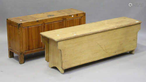 A late 19th century Continental pine six-plank coffer, height 44cm, width 140cm, depth 35cm,
