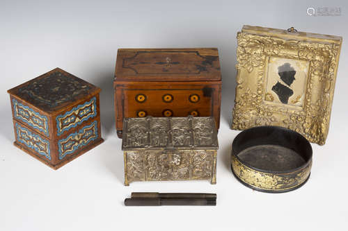 A small group of collectors' items, including a 19th century painted silhouette, the reverse