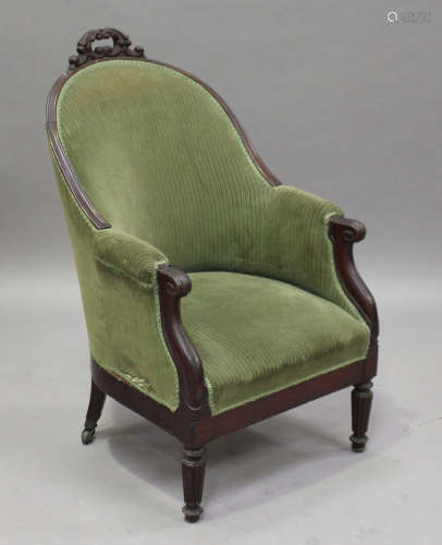 A William IV mahogany showframe tub back armchair, raised on reeded tapering legs, height 101cm,