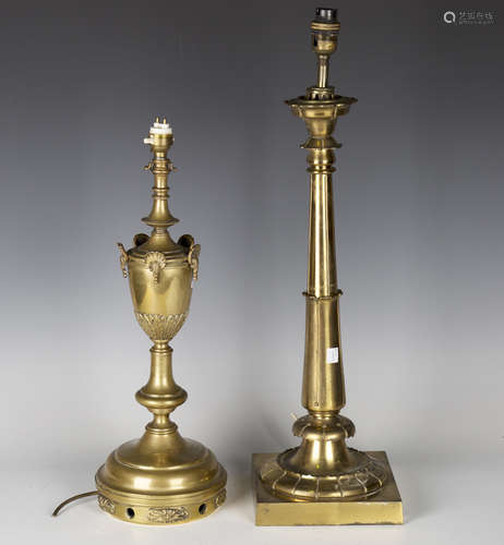 A Victorian gilt brass table lamp, formerly fitted for gas and now converted to electricity,