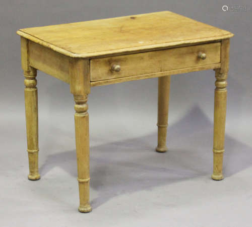 A Victorian stripped pine side table, fitted with a single drawer, on turned legs, height 64cm,