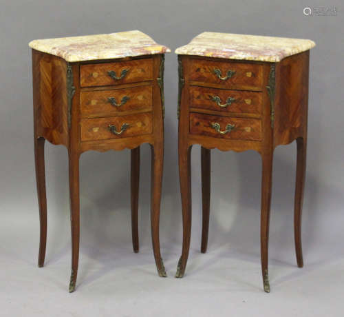 A pair of late 20th century Louis XV style kingwood and foliate inlaid bedside chests with marble