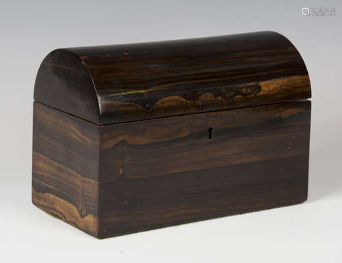 A Victorian coromandel dome-topped tea caddy, the interior fitted with two lidded compartments,