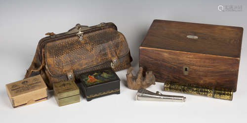 A group of mixed collectors' items, including a 20th century Russian papier-mâché box, width 10.5cm,