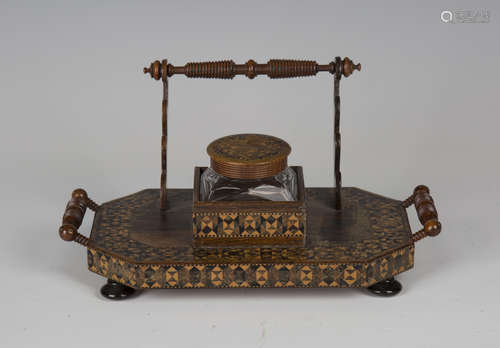 A late Victorian Tunbridge ware inkstand, fitted with a cut glass inkwell and turned handles,