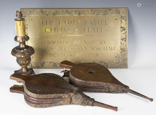 A pair of mid-19th century elm bellows, the handle dated 1847, length 53cm, together with another