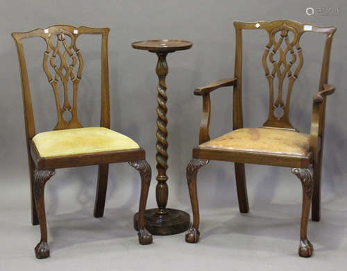 A mid-20th century Chippendale style mahogany elbow chair with drop-in brown leather seat, height