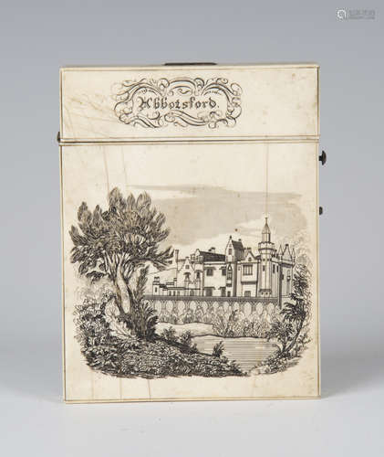 A Victorian ivory visiting card case, one side finely engraved with a titled view of 'Abbotsford',