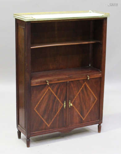 A 20th century French mahogany open bookcase with a pierced brass gallery and white marble top,