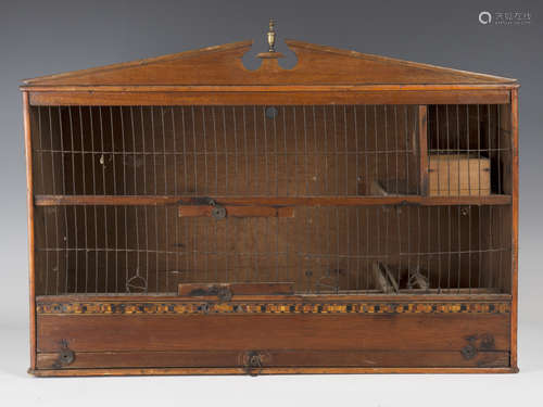 A 19th century softwood bird cage with wire panel front and chequer inlaid band, height 44cm,