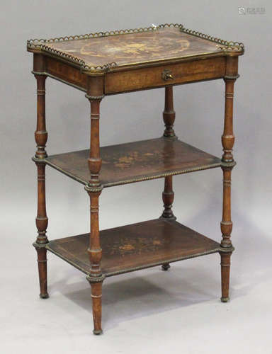 A late 19th century French burr wood and foliate inlaid three-tier étagère with overall applied gilt