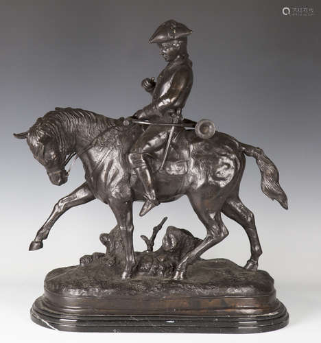 A modern brown patinated cast bronze equestrian figure group of an 18th century gentleman riding a