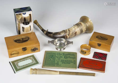 A selection of Scottish related collectors' items, including two Mauchline ware boxes, a Highland