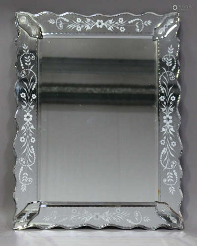 A late 20th century Venetian style sectional wall mirror with foliate etched borders, 75cm x 57cm.