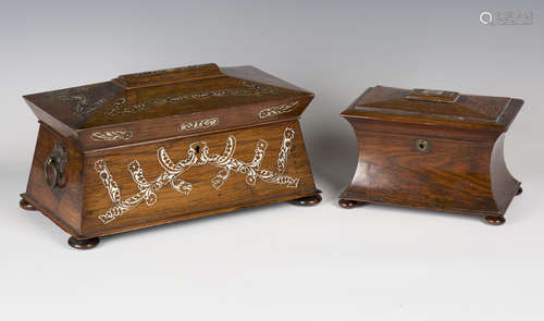 An early Victorian rosewood and mother-of-pearl inlaid tea caddy of sarcophagus form, the interior