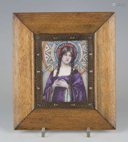 Lillie Stein - an early 20th century pre-Raphaelite style watercolour on ivory miniature half-length