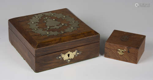 A Victorian walnut and brass mounted box, enclosing a selection of gaming counters and whist