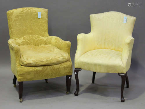 An Edwardian tub back elbow chair, upholstered in yellow fabric, height 88cm, width 64cm, together