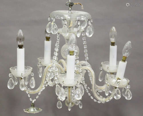 A mid-20th century clear glass five-light chandelier, height 43cm, width 55cm, together with a set