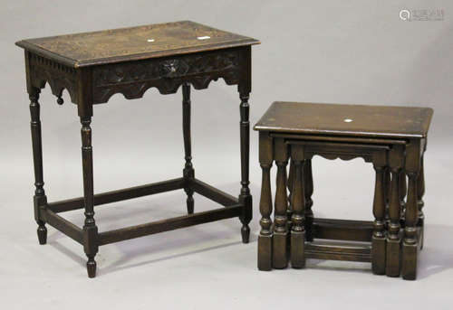 A late Victorian carved oak side table, height 70cm, width 66cm, depth 45cm, together with a nest of