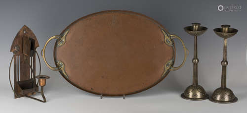 An early 20th century WMF Jugendstil copper and brass mounted oval tray, width 54cm, a pair of WMF