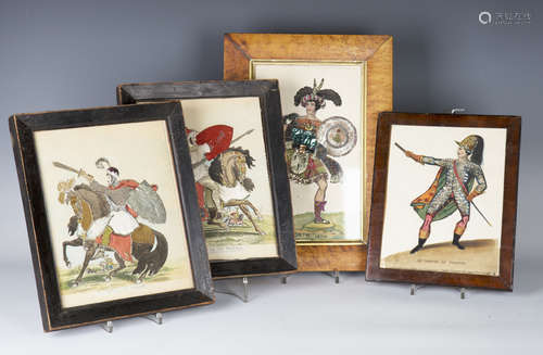 A group of four 19th century engravings of historical characters, all embellished with hand-