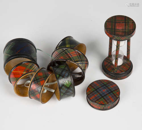 A group of late Victorian tartanware, comprising a 'Stuart' tartan sand timer, height 9.5cm, six