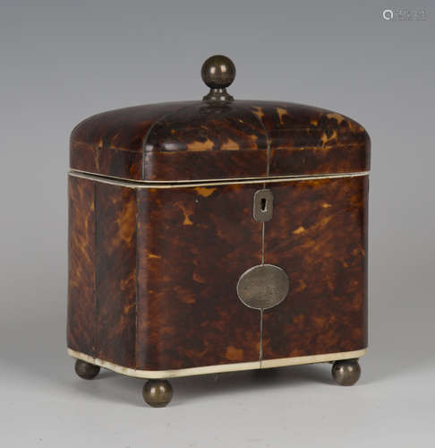 A Regency tortoiseshell and ivory banded tea caddy, the hinged lid and sides with metal stringing,