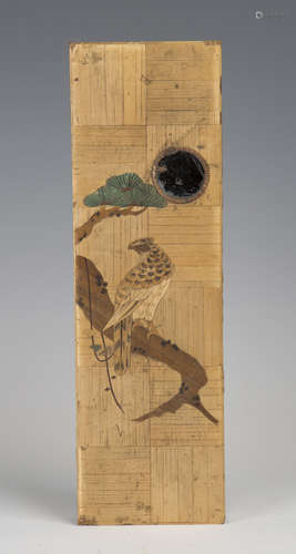 A late 19th century Japanese straw work box, the top decorated with a bird of prey on a pine branch,