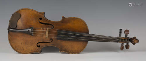 A violin with two-piece back, length of back excluding button 35.9cm, cased with two bows.Buyer’s