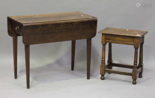 A late 20th century reproduction oak box seat joint stool, height 54cm, width 49cm, together with