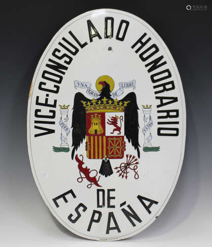 A Spanish diplomatic enamelled shield, detailed 'Vice Consulado Honarario de Espana', 66cm x 45cm.